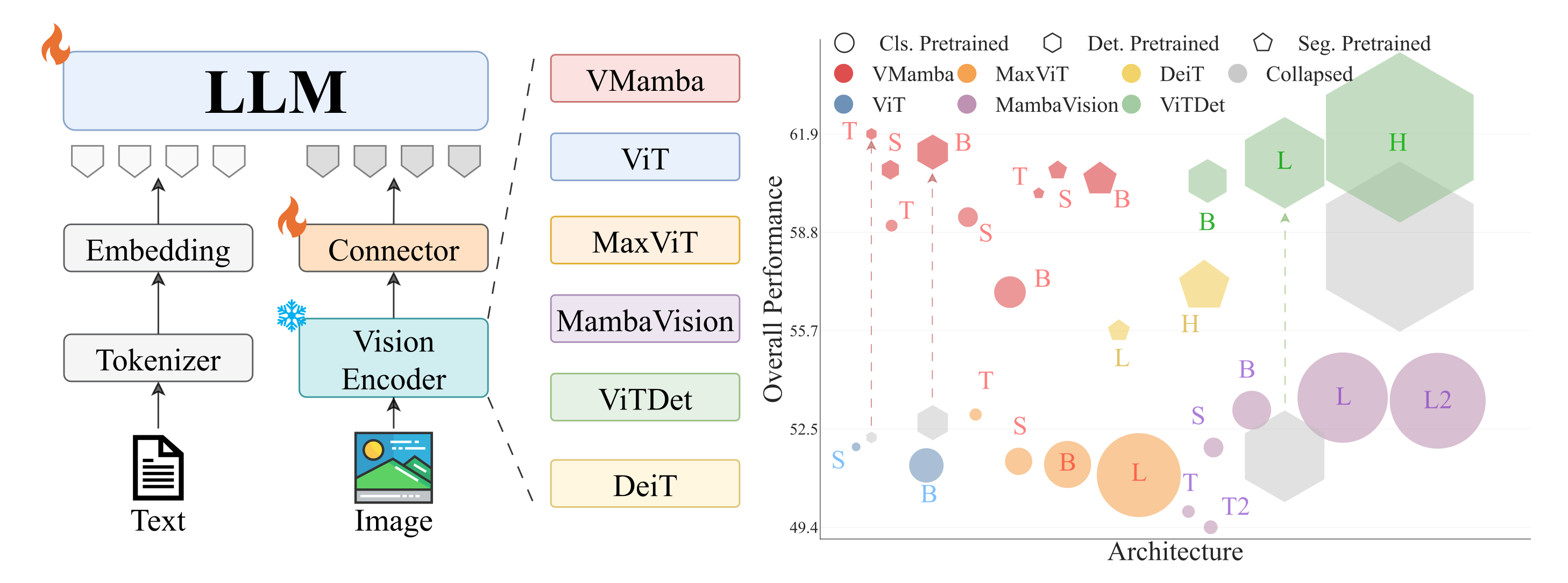 Overview of the frozen VLM pipeline and the compared vision backbone families.